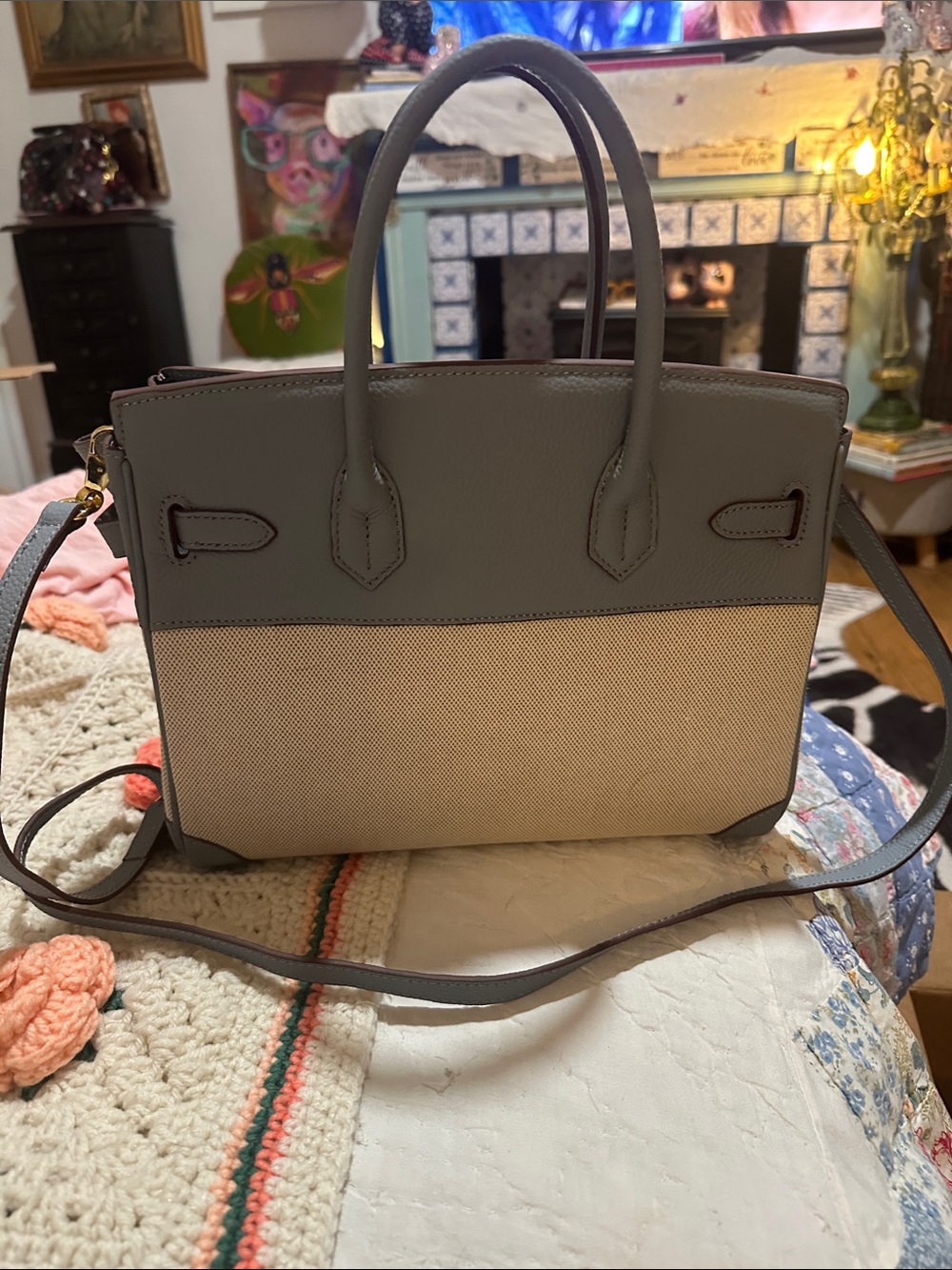 Light blue and Cream Leather-Trim Tote Bag with Gold Hardware - Picture 2 of 5